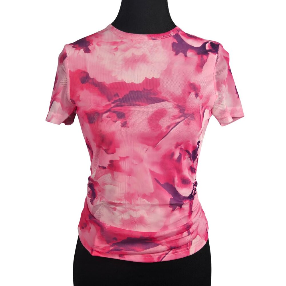 NWT | Pink Floral Mesh Top | Sheer Short Sleeve | Orchid Magenta | Small